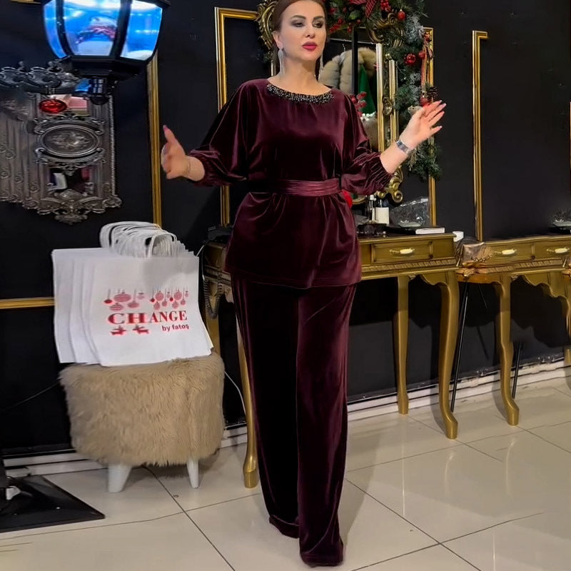 Gold Velvet Western Slim Fit round Neck Pullover Straight Leg Pants Two Piece
