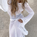 Women's Summer Sexy Backless Long Sleeves See Through Mesh Dress