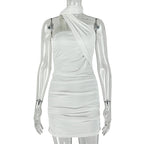 White halter mini dress with draped neckline and ruched detailing