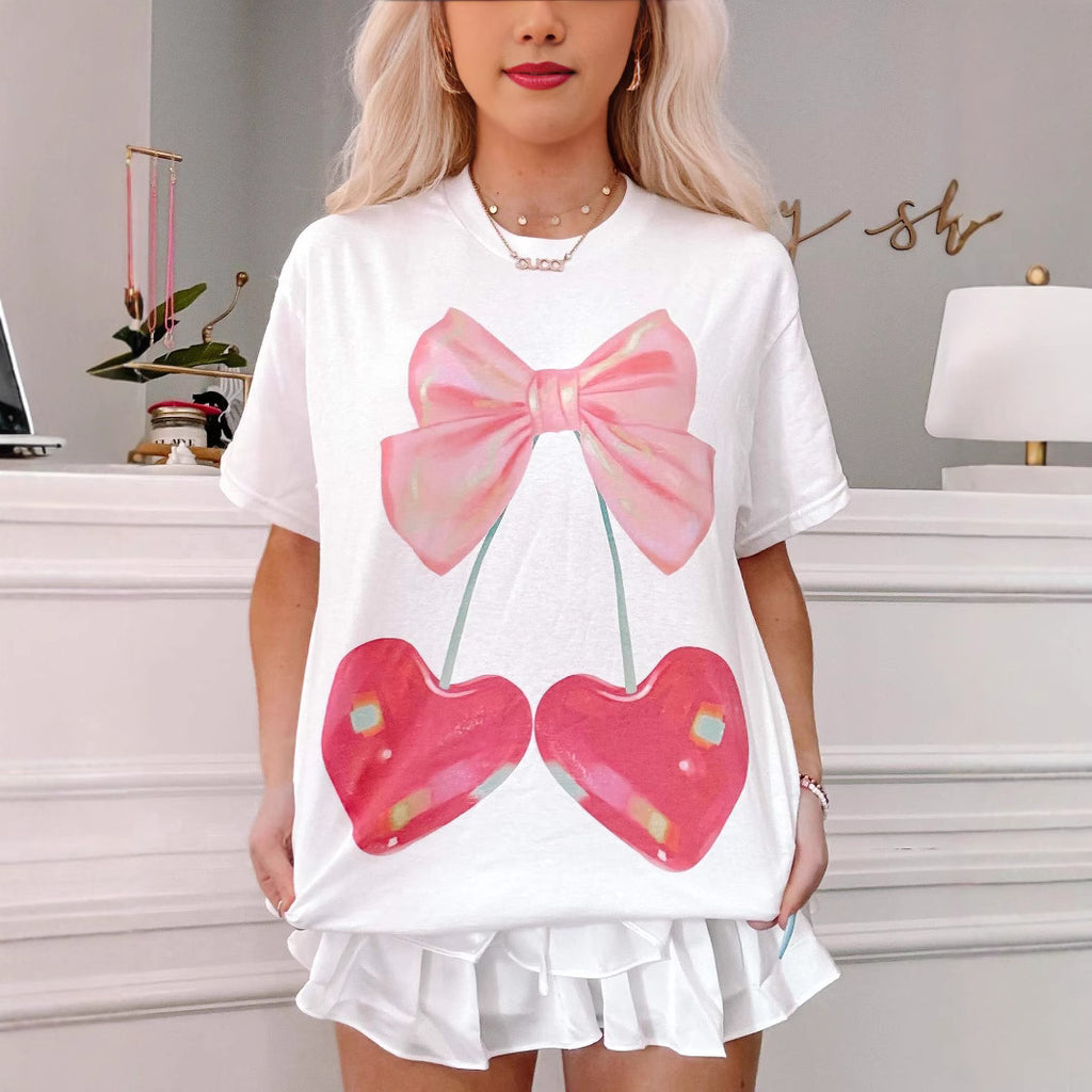 Women's Printed Wear Spring Summer Cherry Bow Print Loose Short Sleeve T Shirt