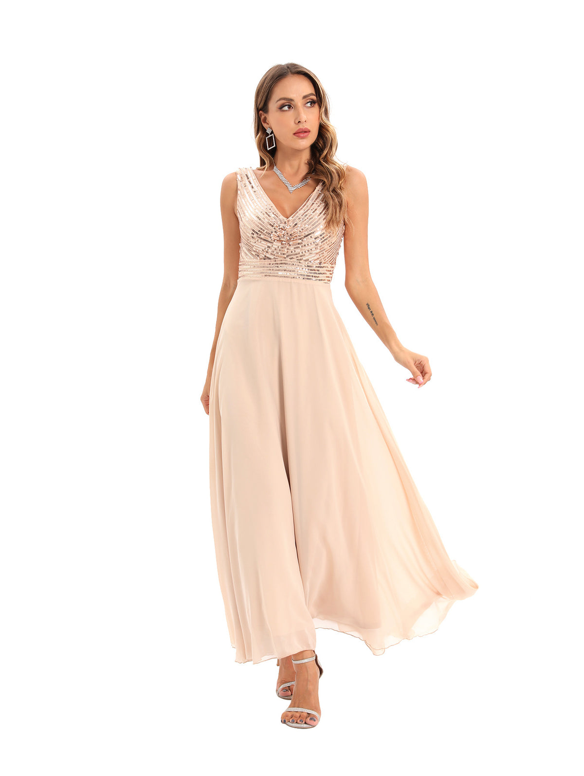 Women's Sequin Chiffon V-Neck Evening Maxi Dress