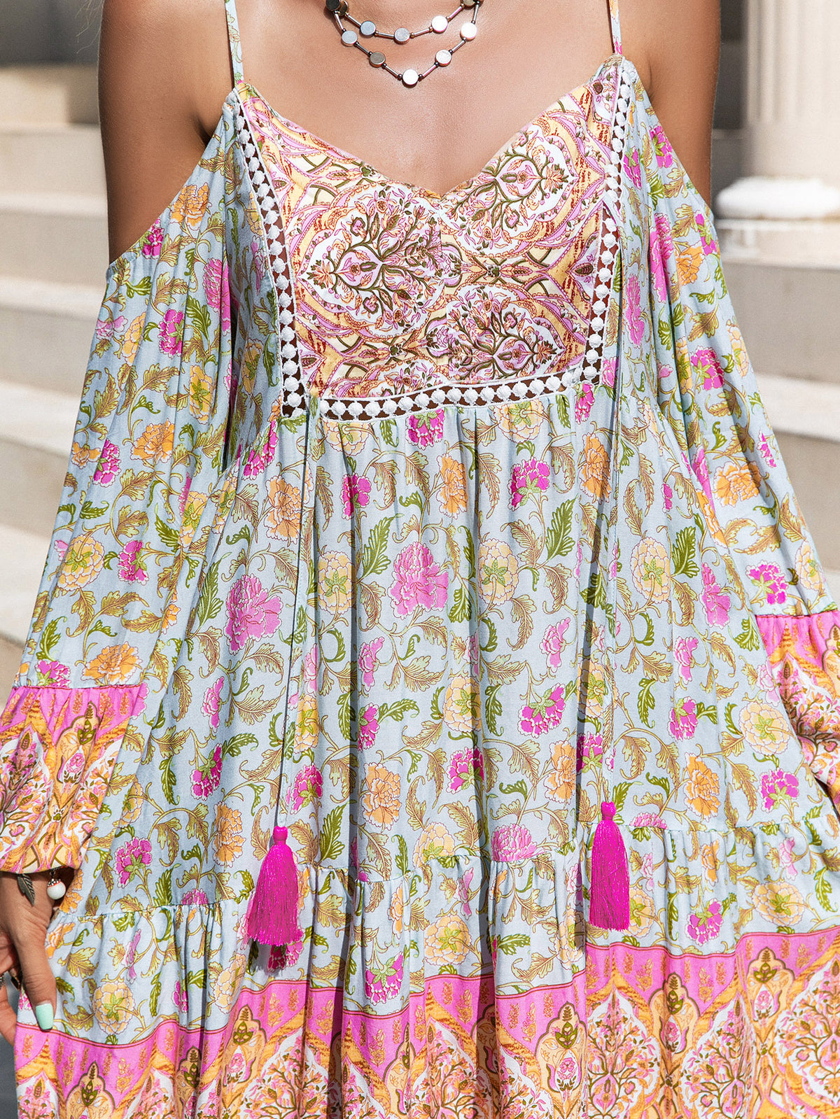 Women's Printed Off-Shoulder Tassel Vacation Dress