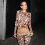 Women's French Clothing Autumn Winter Leopard Print Cropped Long Sleeve Top Slim Shorts Set