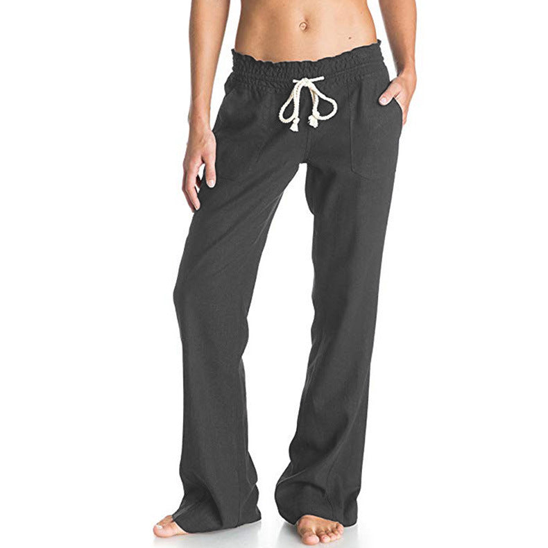 New Soft Cotton Linen Solid Color Tied Loose Pants