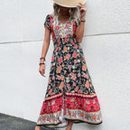 Summer Ethnic Holiday V-Neck Waist-Defined Midi Dress
