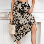 Asymmetric Floral Tiered A-Line Midi Skirt