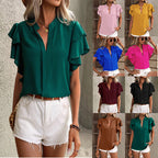 Women's Clothing Summer V Neck Casual Double Layer Ruffle Sleeve Solid Color Shirt Top