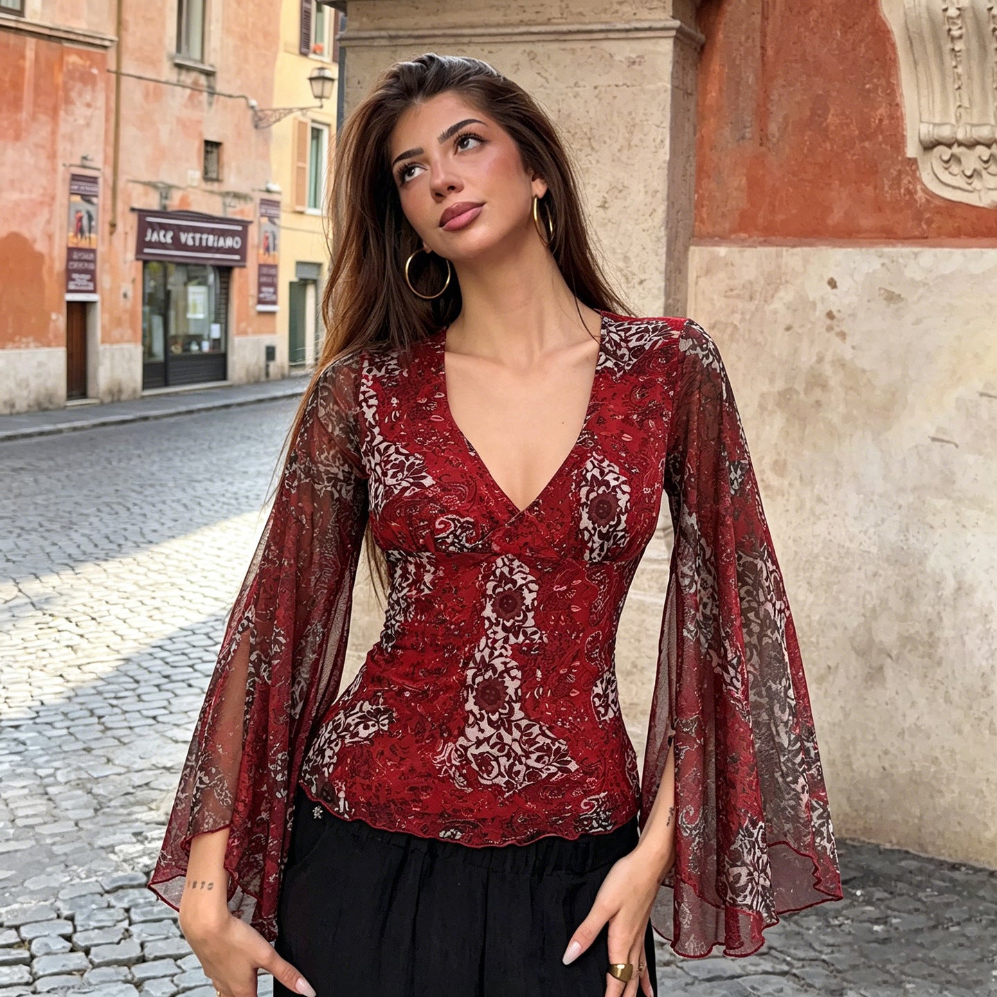 Bohemian Vacation Mesh V neck Flared Sleeves Top Ethnic