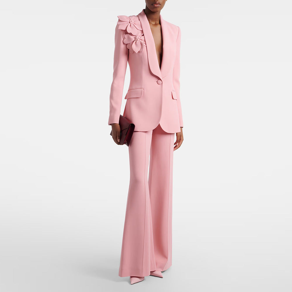 Three Dimensional Floral Blazer Trousers Two Piece Set