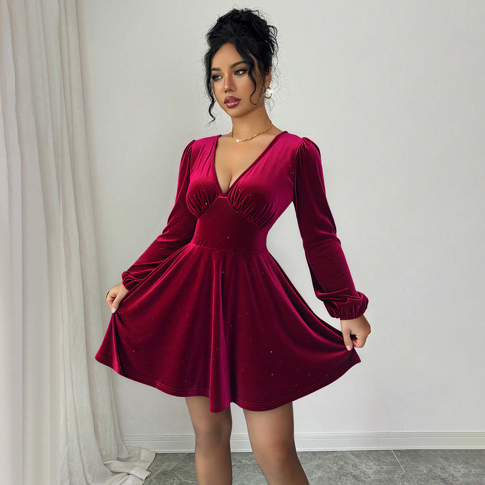 Women's Wine-Red Velvet A-Line Dress