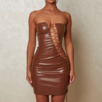 Lace-Up Strapless Faux-Leather Mini Dress