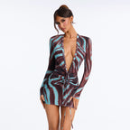Women's Autumn Winter Deep V Plunge Neck Abstract Printing Long