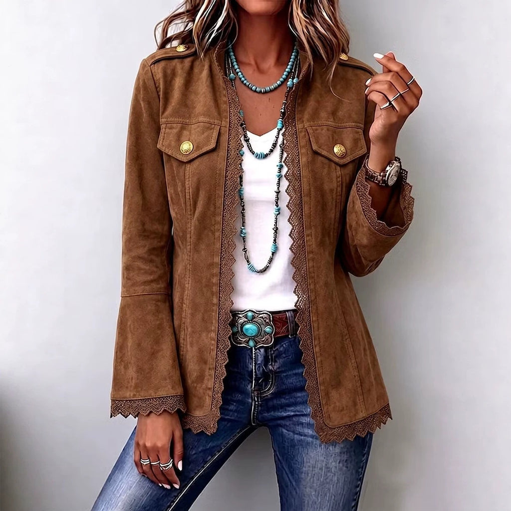 Women's Brown Suede Lace-Trim Western Jacket