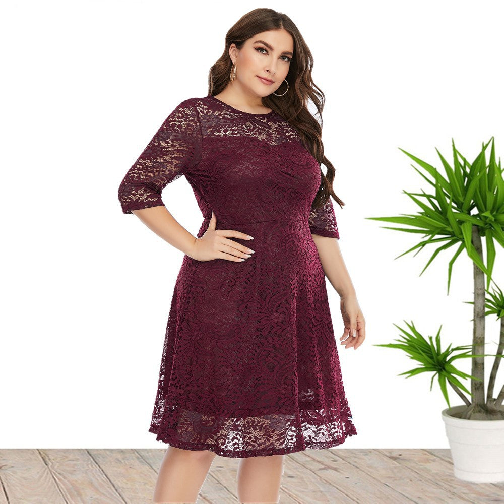 Women's Plus Size Spring Summer Clothes Crew Neck Lace Dress