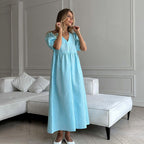 Lightly Mature V neck Puff Sleeve Blue