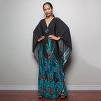 One-piece beach swim dress with V-neck and draped sleeves, featuring peacock feather print