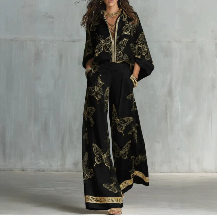 Butterfly Print Loose Zip Shirt WL Pants Trousers Casual