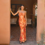 Printed Strapless Ruched Cutout Bodycon Maxi Dress