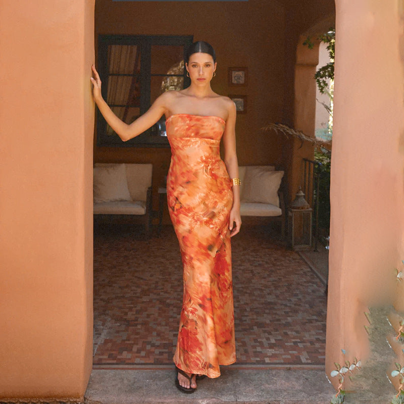 Printed Strapless Ruched Cutout Bodycon Maxi Dress