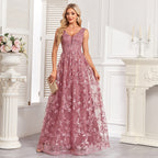 Embroidered V-Neck A-Line Evening Maxi Dress