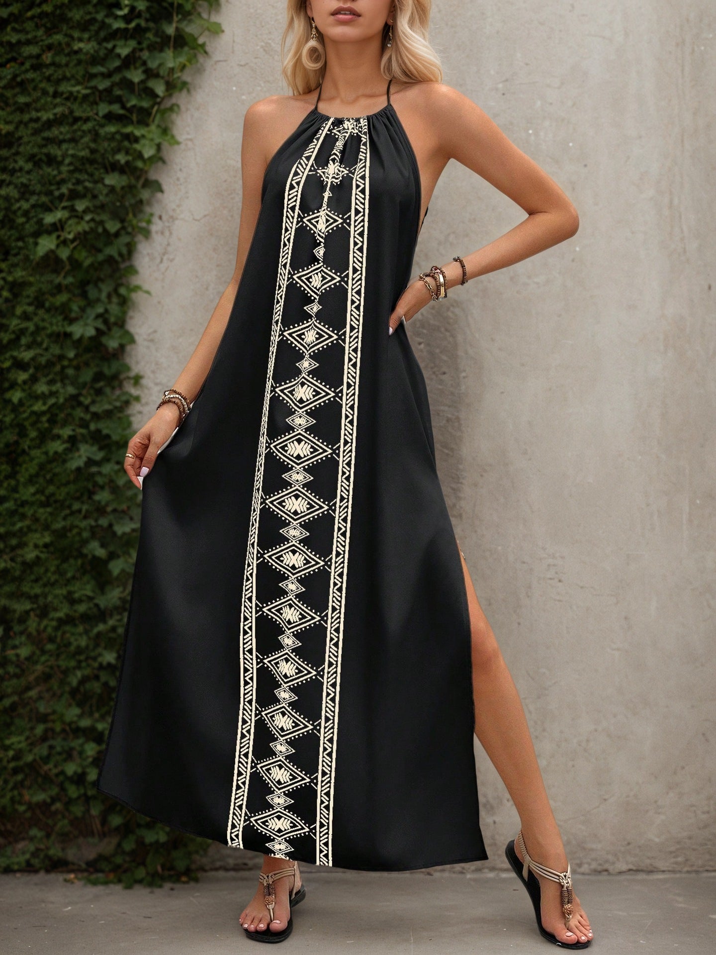 Women's halter maxi dress in black with white geometric border and center panel
