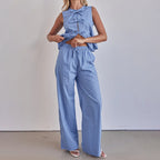 Striped Vest round Neck Bow Sleeveless Top Loose Wide Leg Pants Two Piece Set
