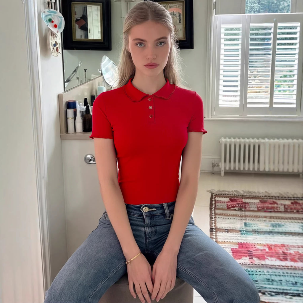 Women's Knitted Polo Collar Short Sleeve Top