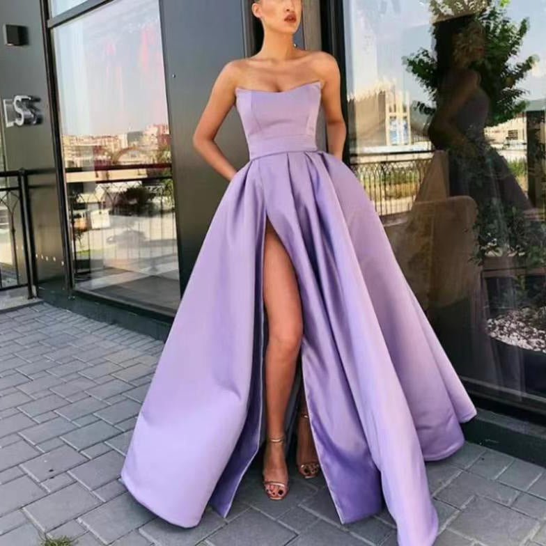 Strapless Slit A-Line Evening Maxi Dress