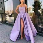 Strapless Slit A-Line Evening Maxi Dress