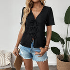 Bow Tie T shirt Summer Women Casual Texture Knitted Top