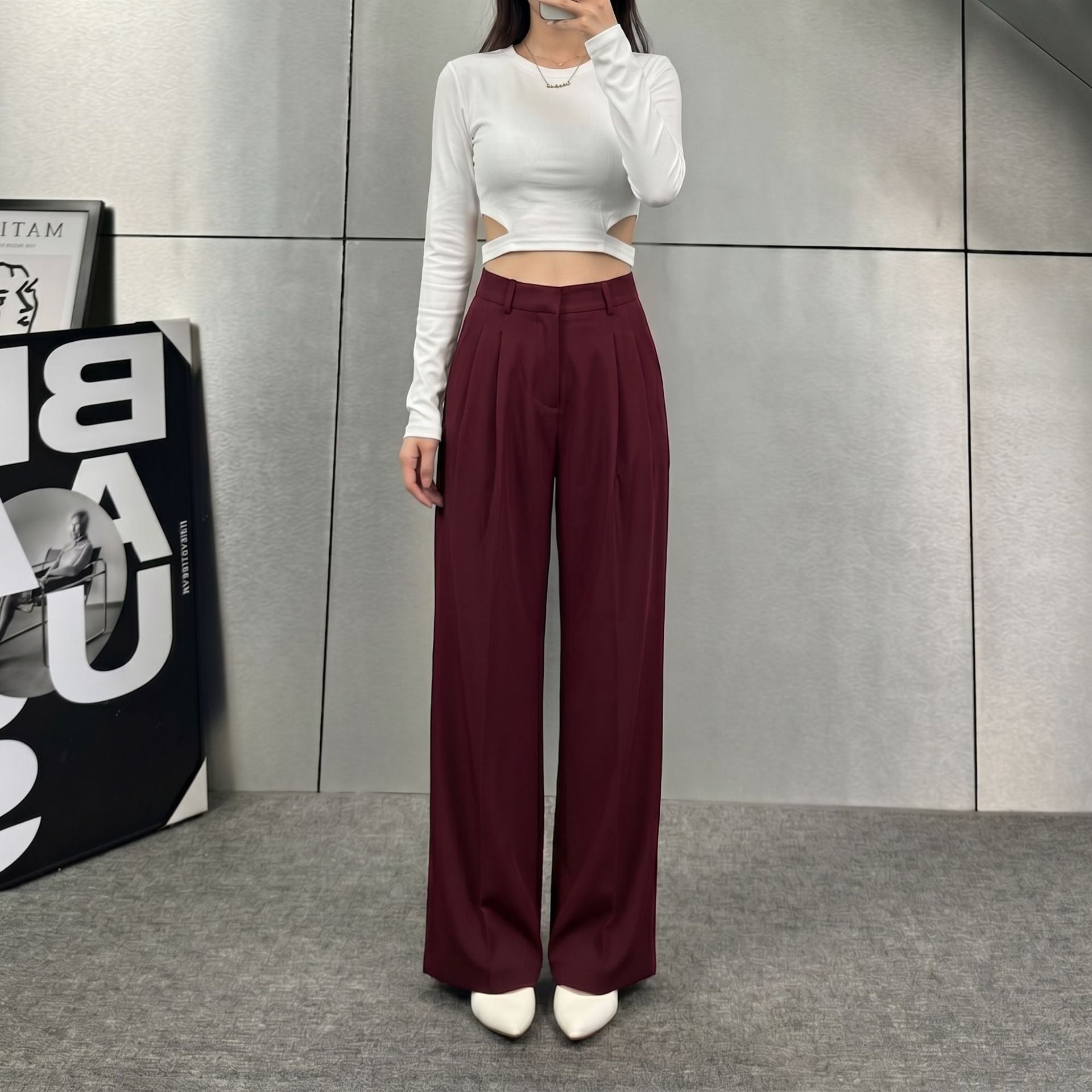 Simple French Old Money High Waist Drooping Work Pant Light Luxury Slimming Loose Straight Casual Pants（No Belt）