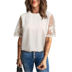 Women's Summer Women Round Neck Short Sleeve Top Lace Chiffon Shirt