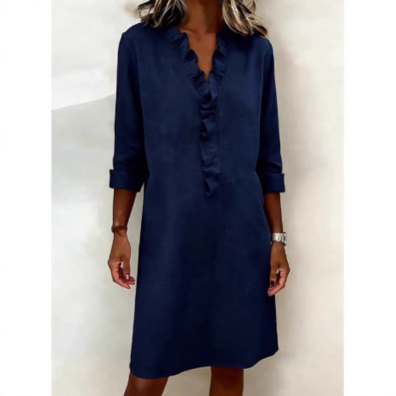 Women's cotton long-sleeve dress, navy, V-neck ruffle button placket