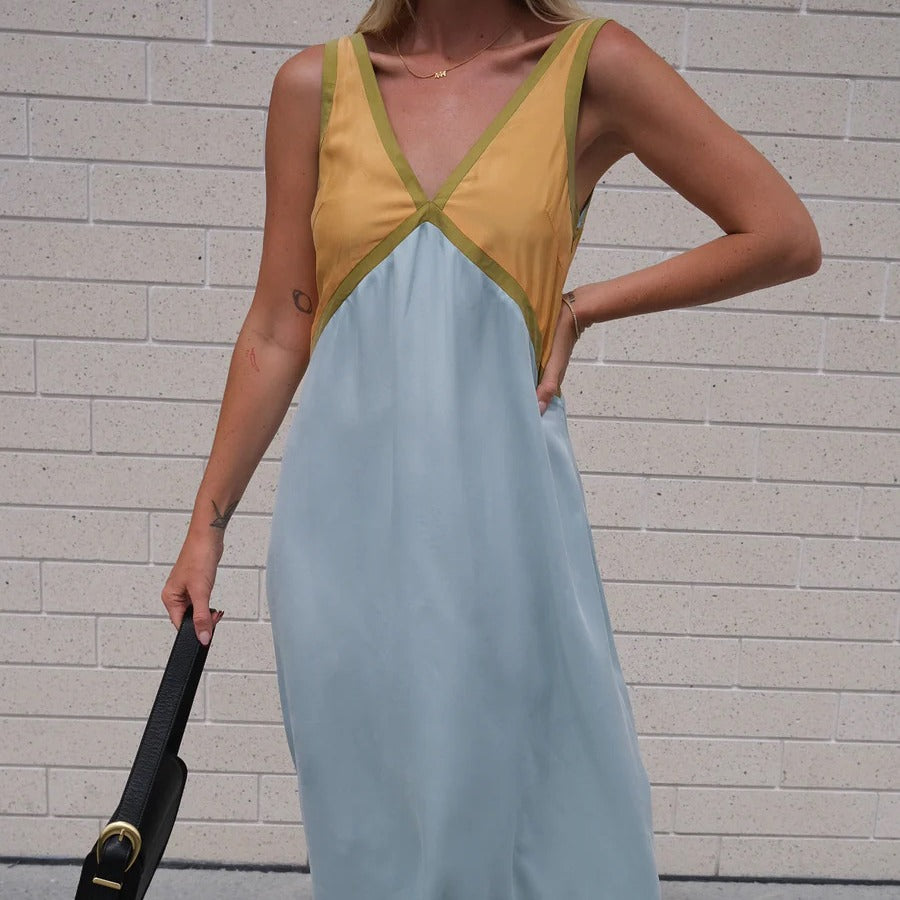 Fashionable V-Neck Sleeveless Color Matching Cuprammonuium Large Swing Dress