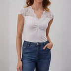 Lace Button V-Neck Slim Fit Top