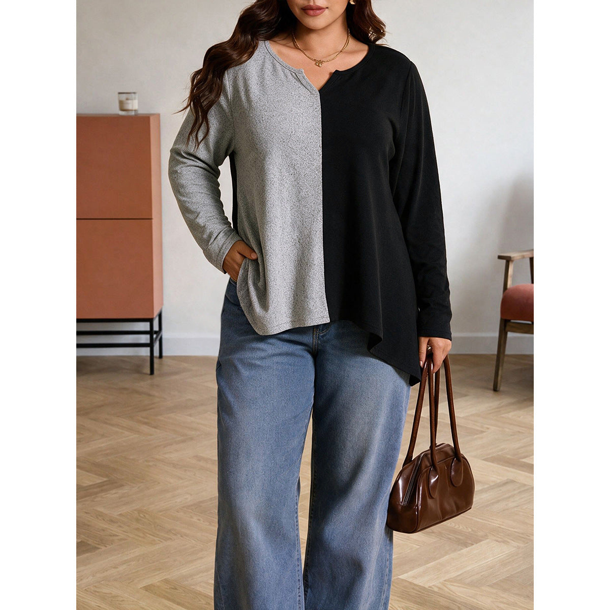 Contrast Knit V-Neck Top