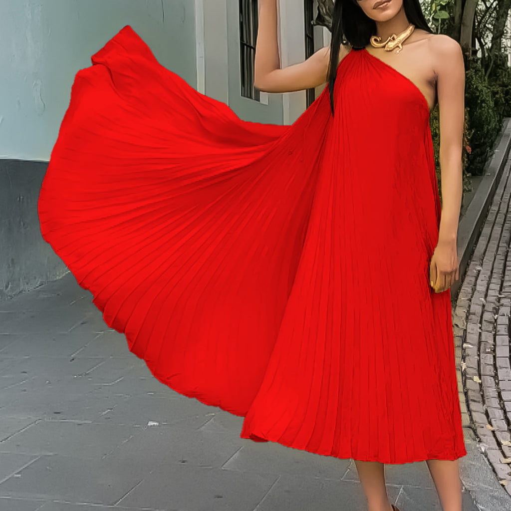 Women's Pleated One-Shoulder Sleeveless Dress