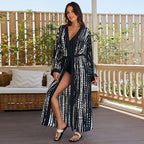 Mid-length rayon beach cover-up shirt, black with white vertical tie-dye stripes, tie waist