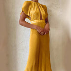 Dinner Party Round-Neck Pleated Dress Ruffle Sleeve Evening Dresses