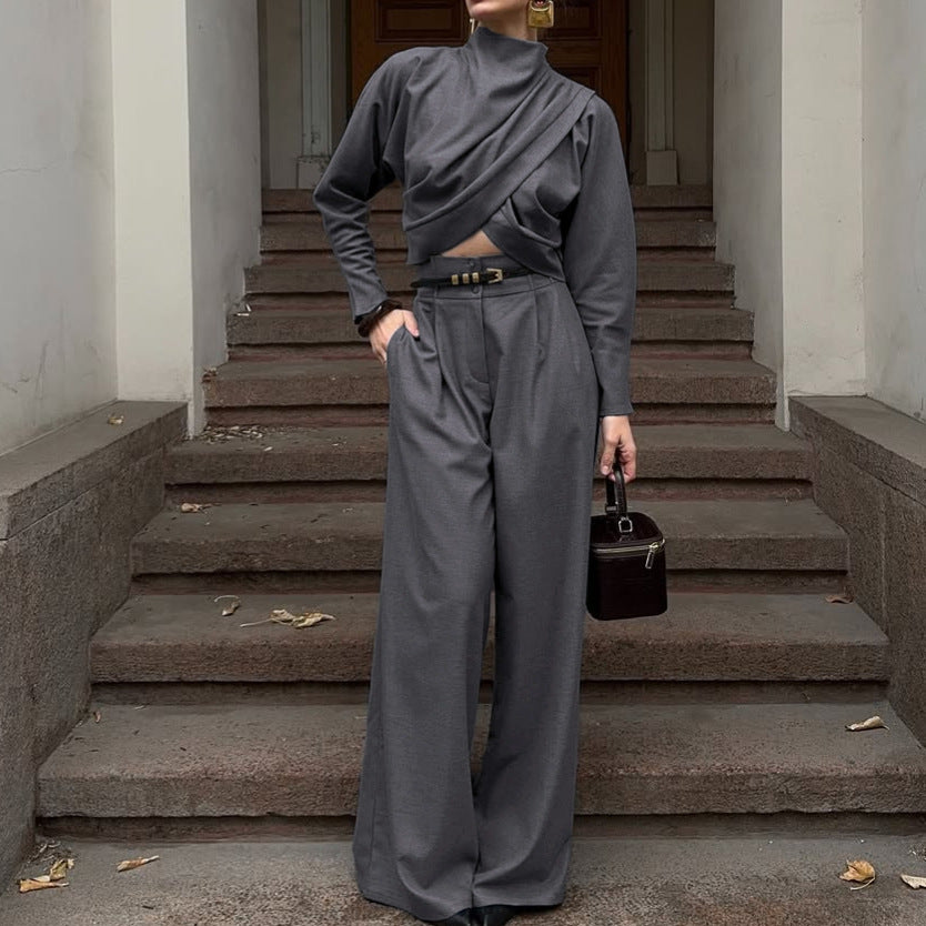 Women's Gray Turtleneck Top And Wide-Leg Pants Set