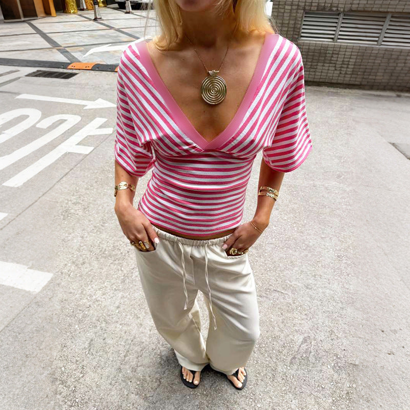 Spring Women Slim V neck Fitted Waist Striped Printing Stylish Shoulder Top Women