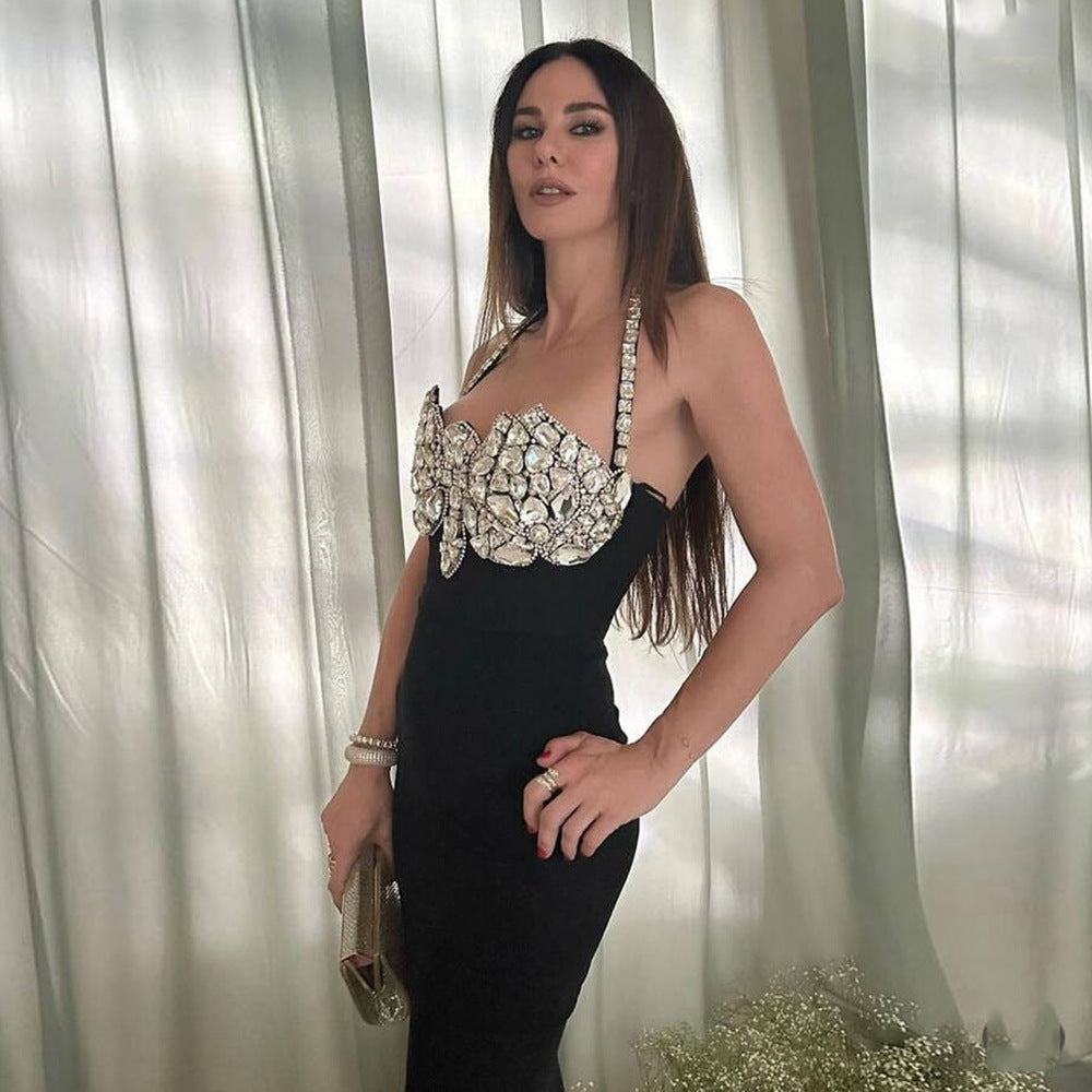 Women's Beaded Halter Backless Party Dress