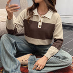 Casual Korean Maillard Contrast Color Striped Polo Collar