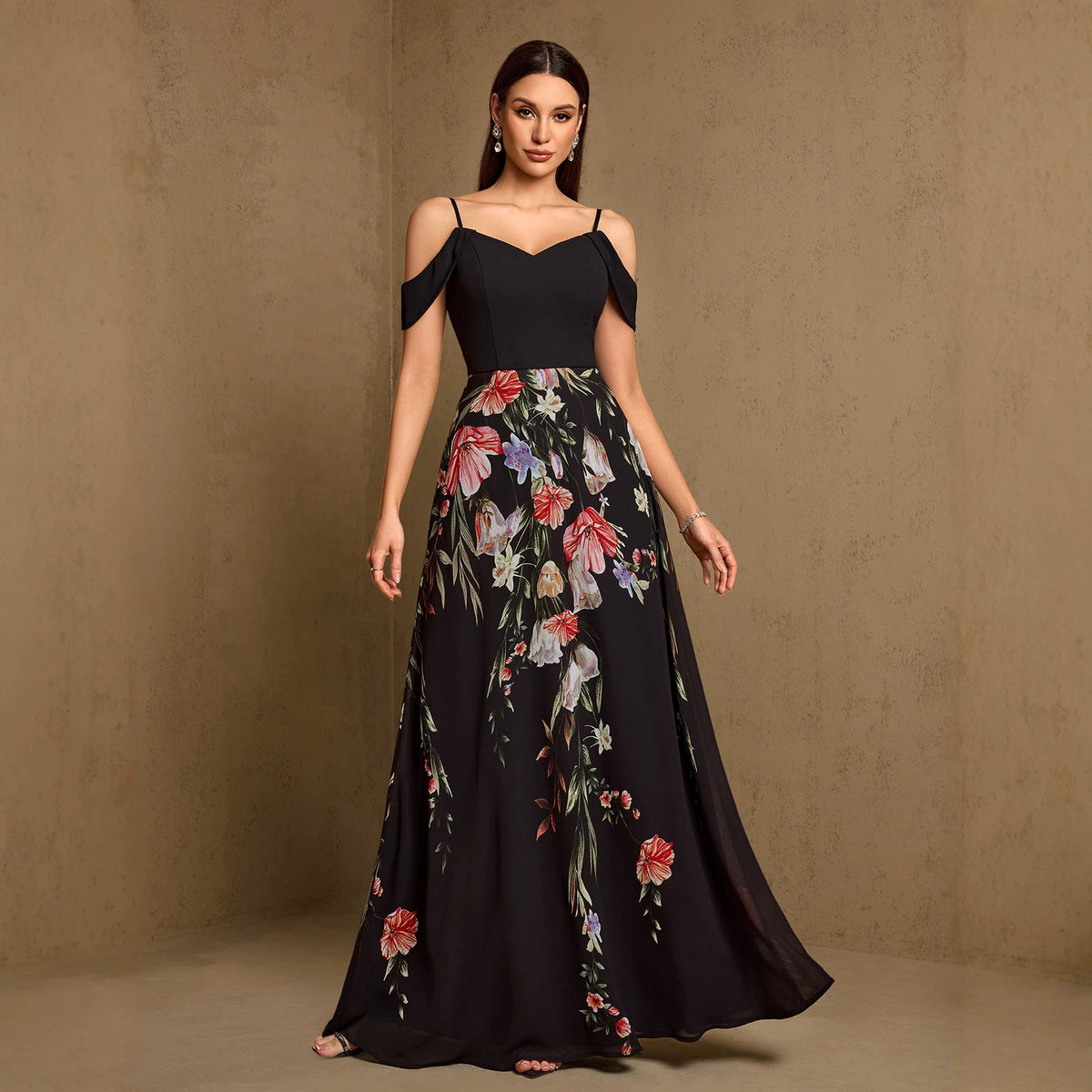 Women's Black Floral V-Neck Maxi Dress