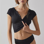 Women's Summer Casual V Neck Cropped T Shirt Women Short Sleeved Sexy Open Collar Tight Top Women Casual