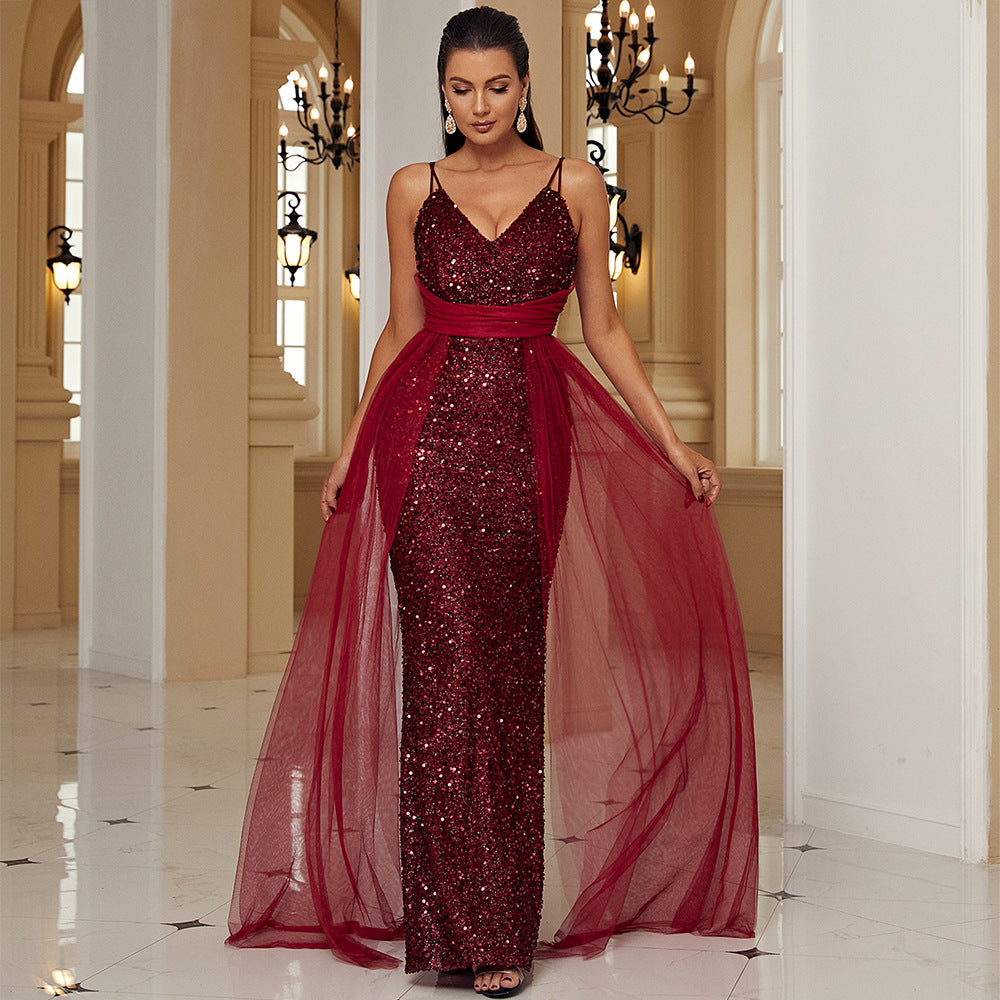 Sleeveless Elegant Long Sequin Lace V-Neck Backless Cocktail Evening Bridesmaid Dr