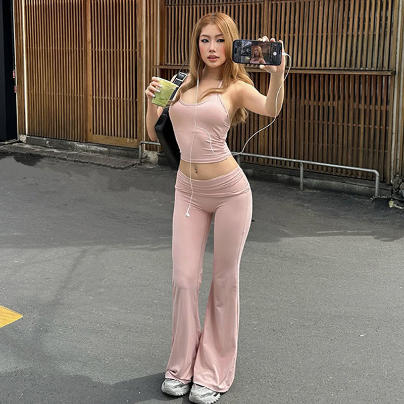 Women's Spring Sexy Cropped Halterneck Vest Slim High Waist Bootcut Pants Set