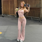 Women's Spring Sexy Cropped Halterneck Vest Slim High Waist Bootcut Pants Set