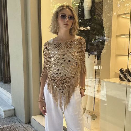 Khaki sequined crochet triangle cape blouse with short sleeves and hanging tassels