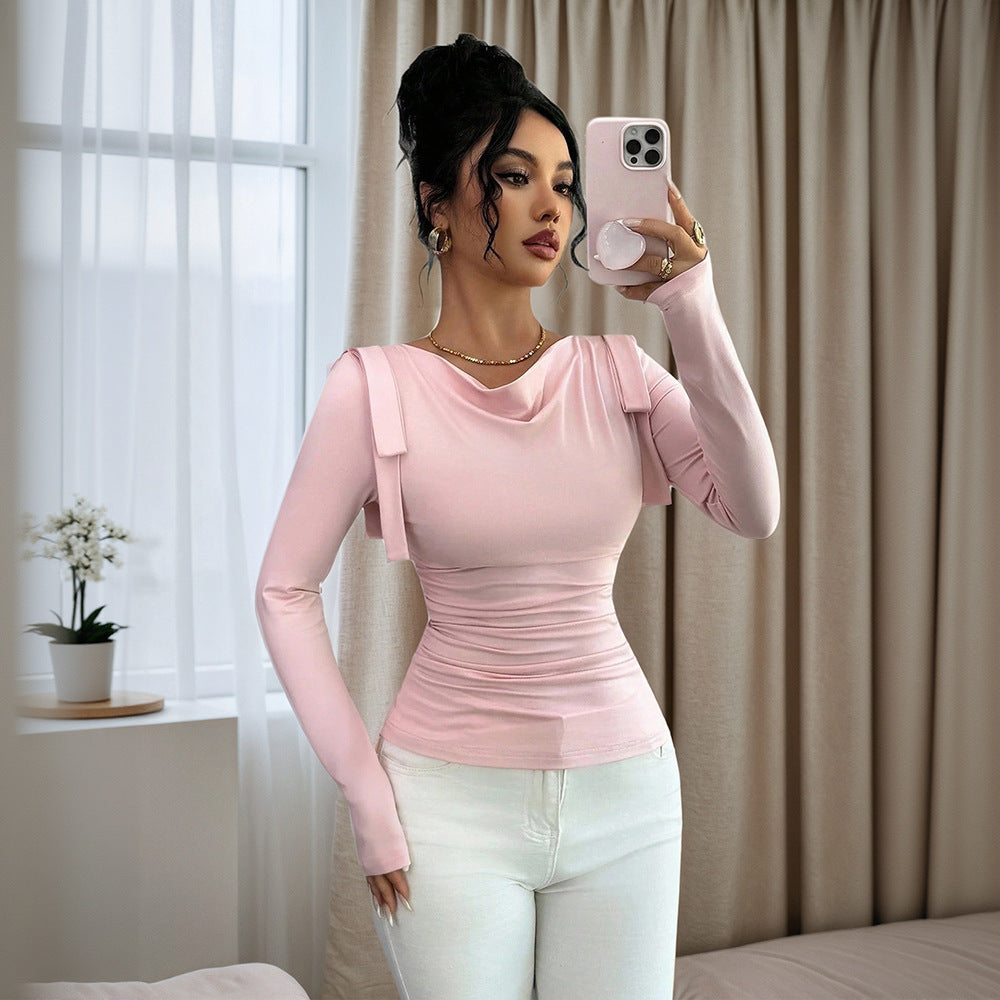 Women's Ribbed Cowl Neck Slim Fit Long Sleeve Top
